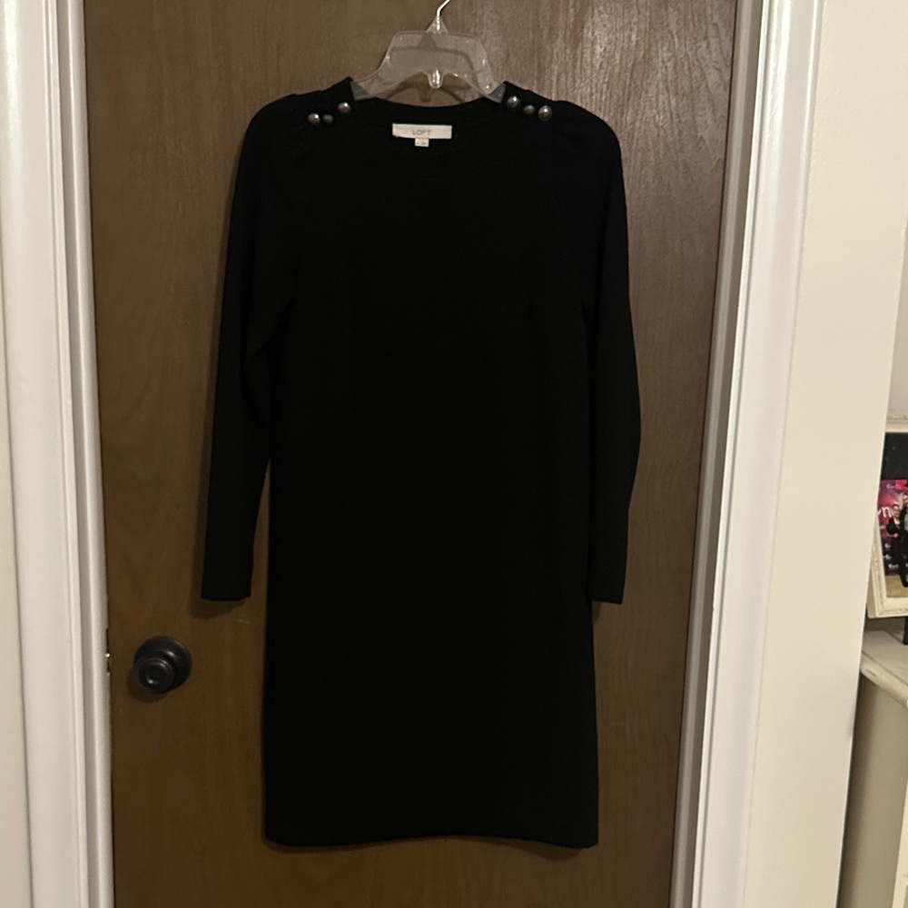 LOFT Black Long Sleeve Shift Dress with Button Accents